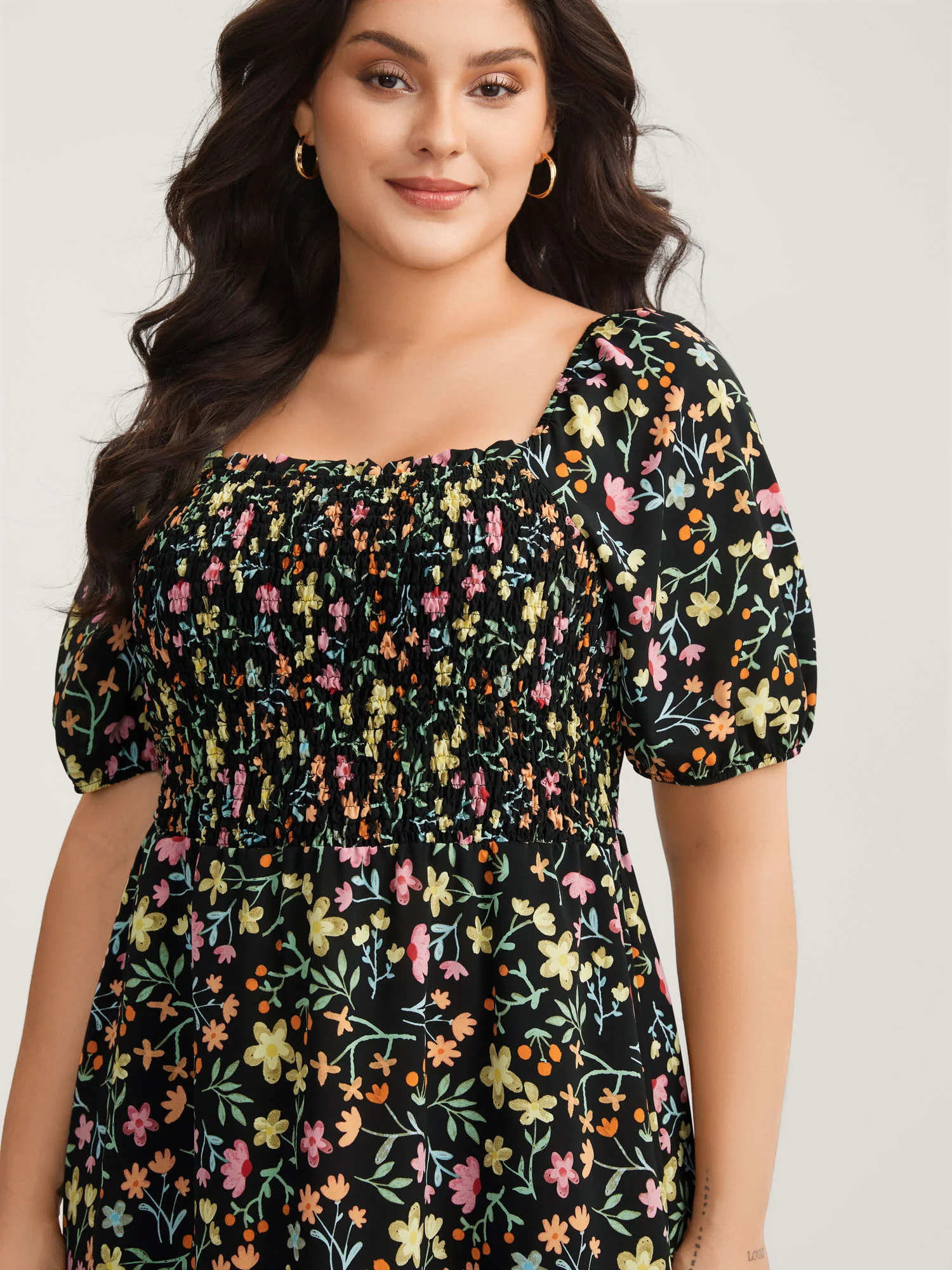 Floral Print Shirred Pockets Midi Dress - Image 2