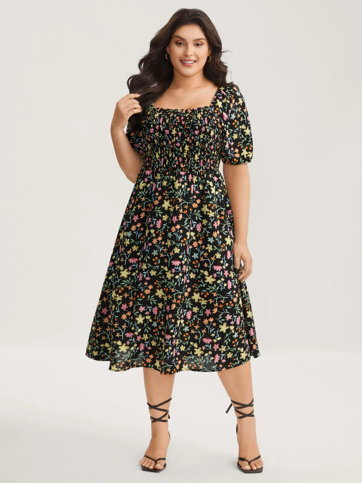 Floral Print Shirred Pockets Midi Dress - Image 3