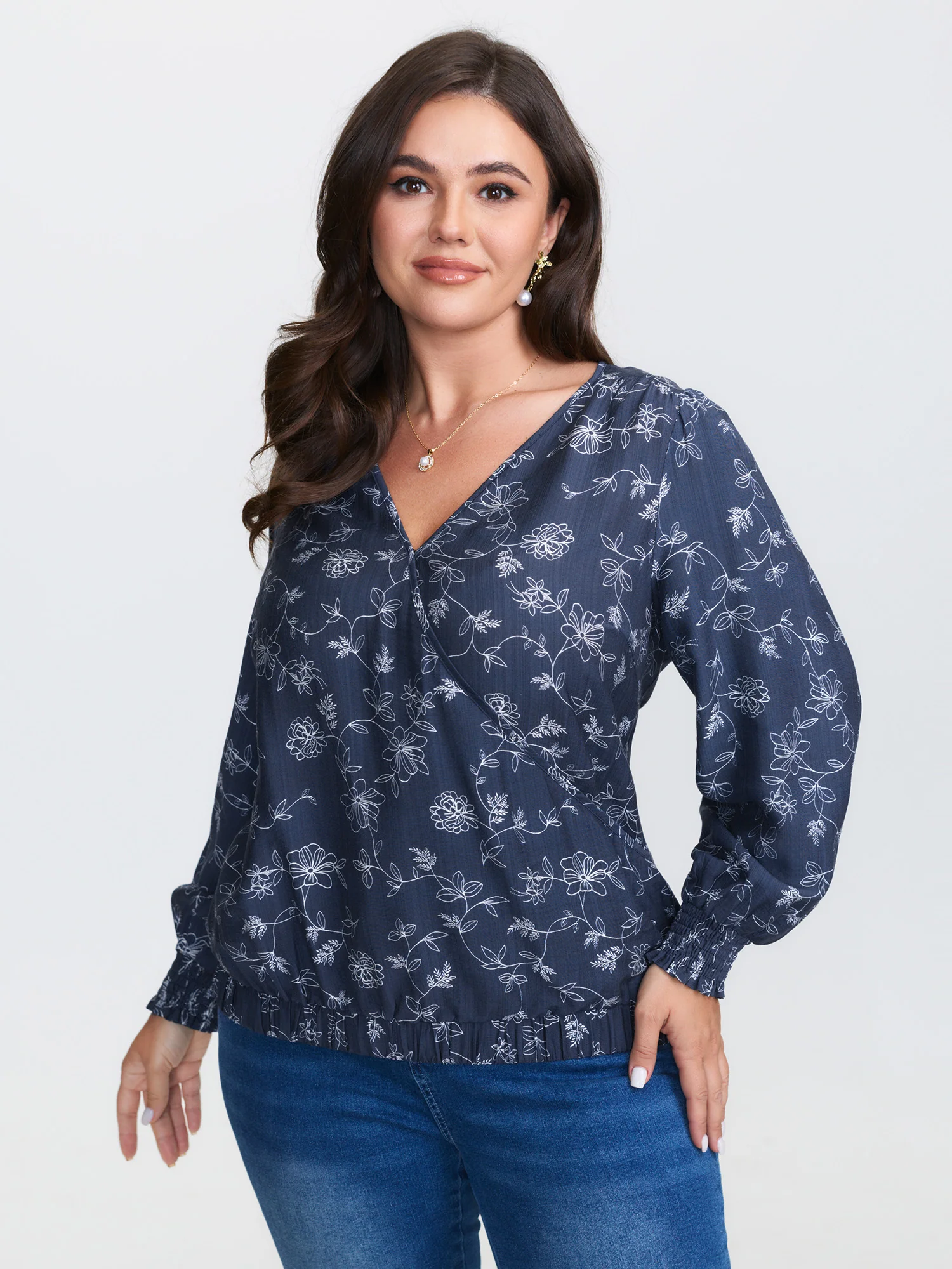Floral Print Surplice Neck Blouse
