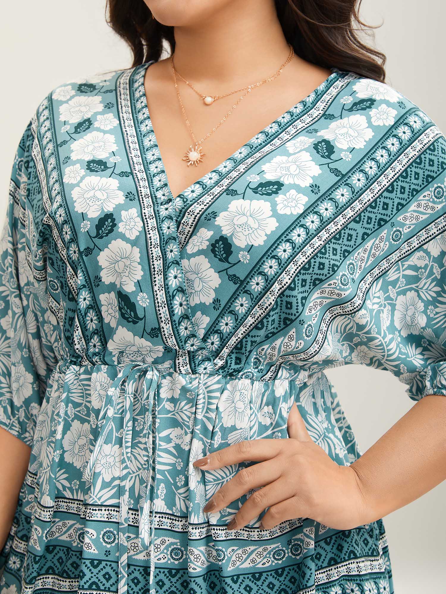 Floral Print Surplice Neck Waist-Cinched Shirt - Image 2