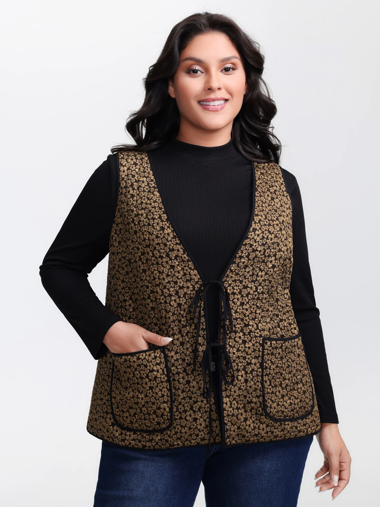 Floral Print Three Ties Quilted Vest