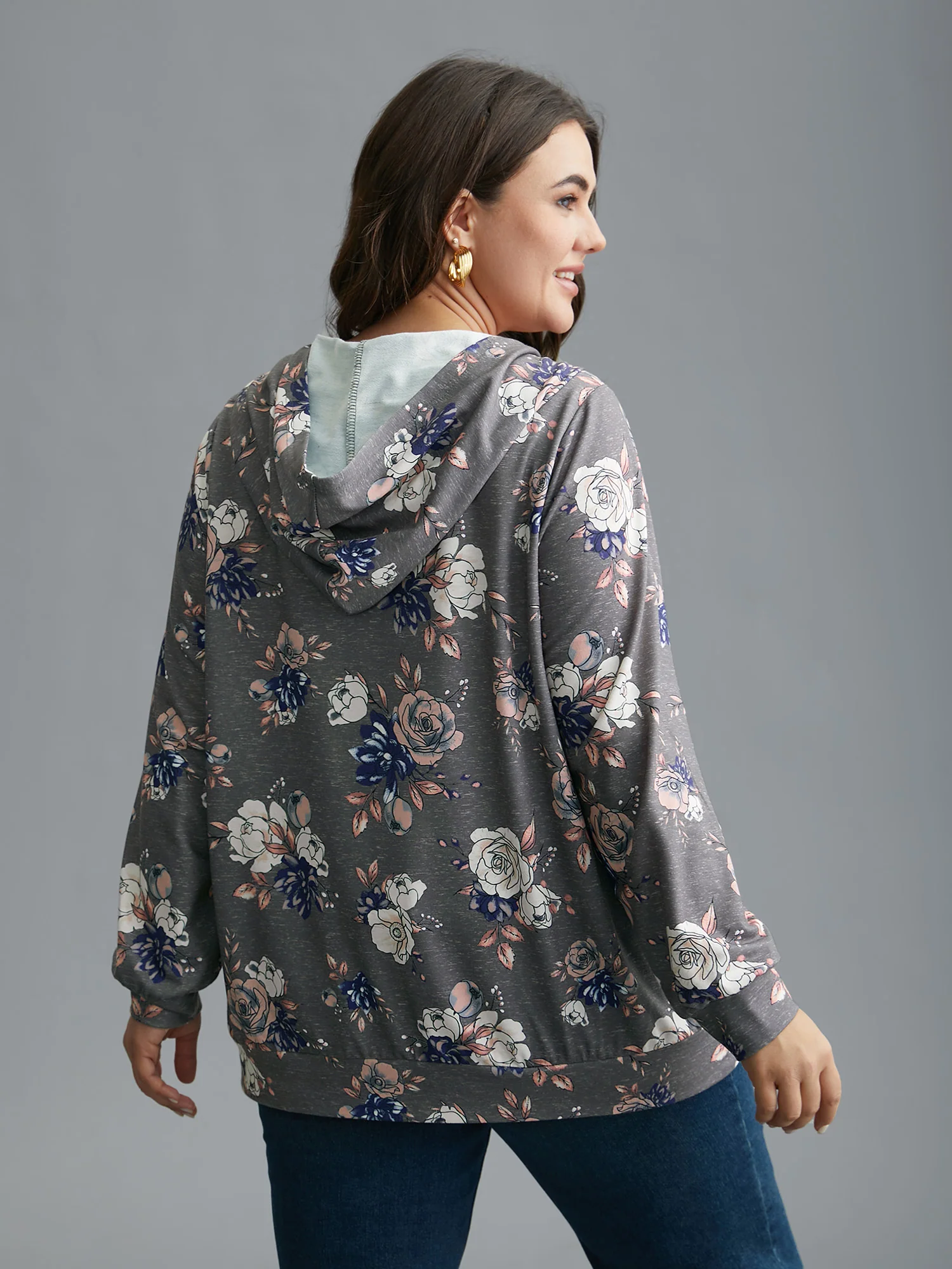 Floral Print Zipper Front Hooded Sweatshirt - Image 4