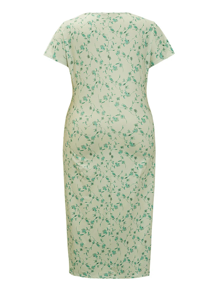 Floral Printed Split Hem Cap Sleeve Ruched Dress - Image 10