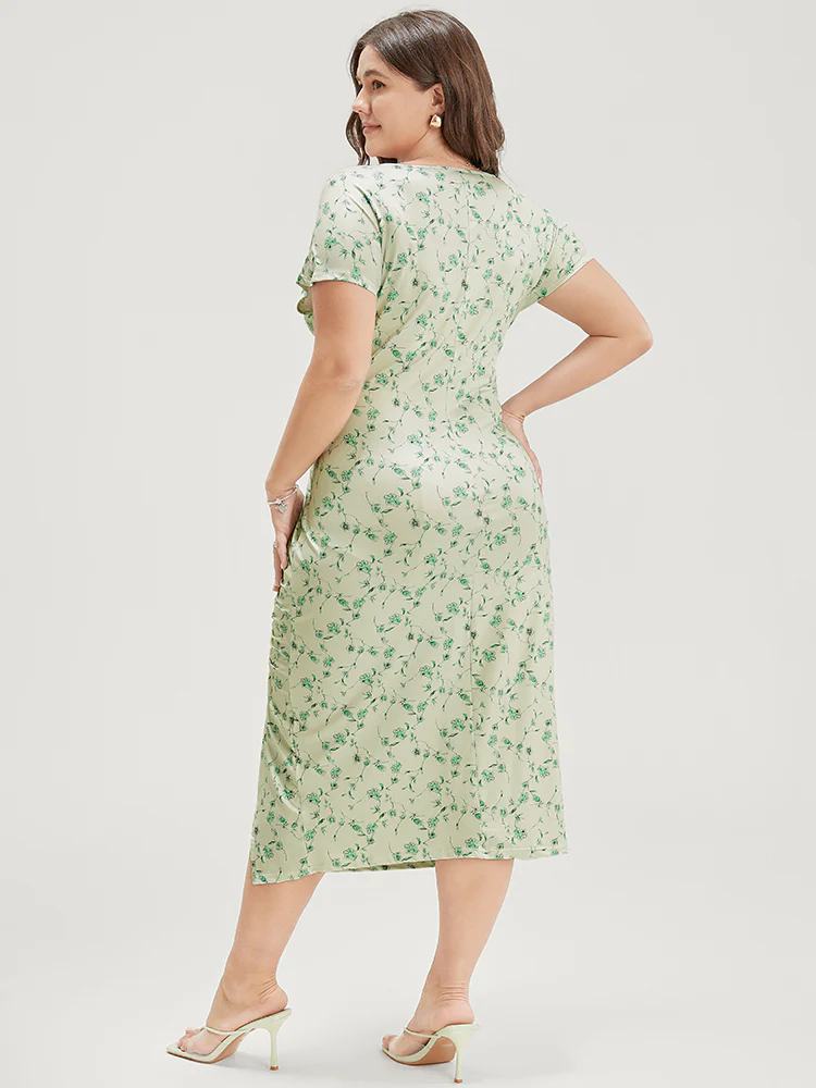 Floral Printed Split Hem Cap Sleeve Ruched Dress - Image 8