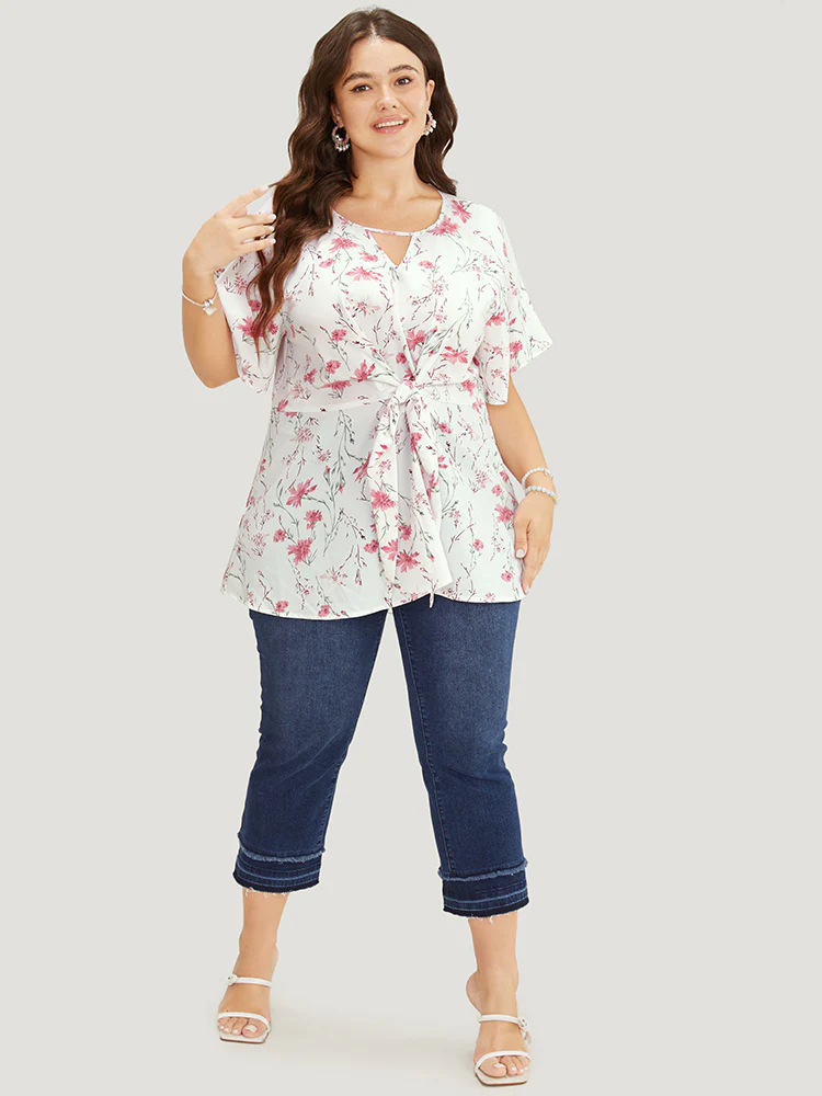 Floral Ruffle Knyhole Raglan Sleeve Knotted Front Blouse - Image 4