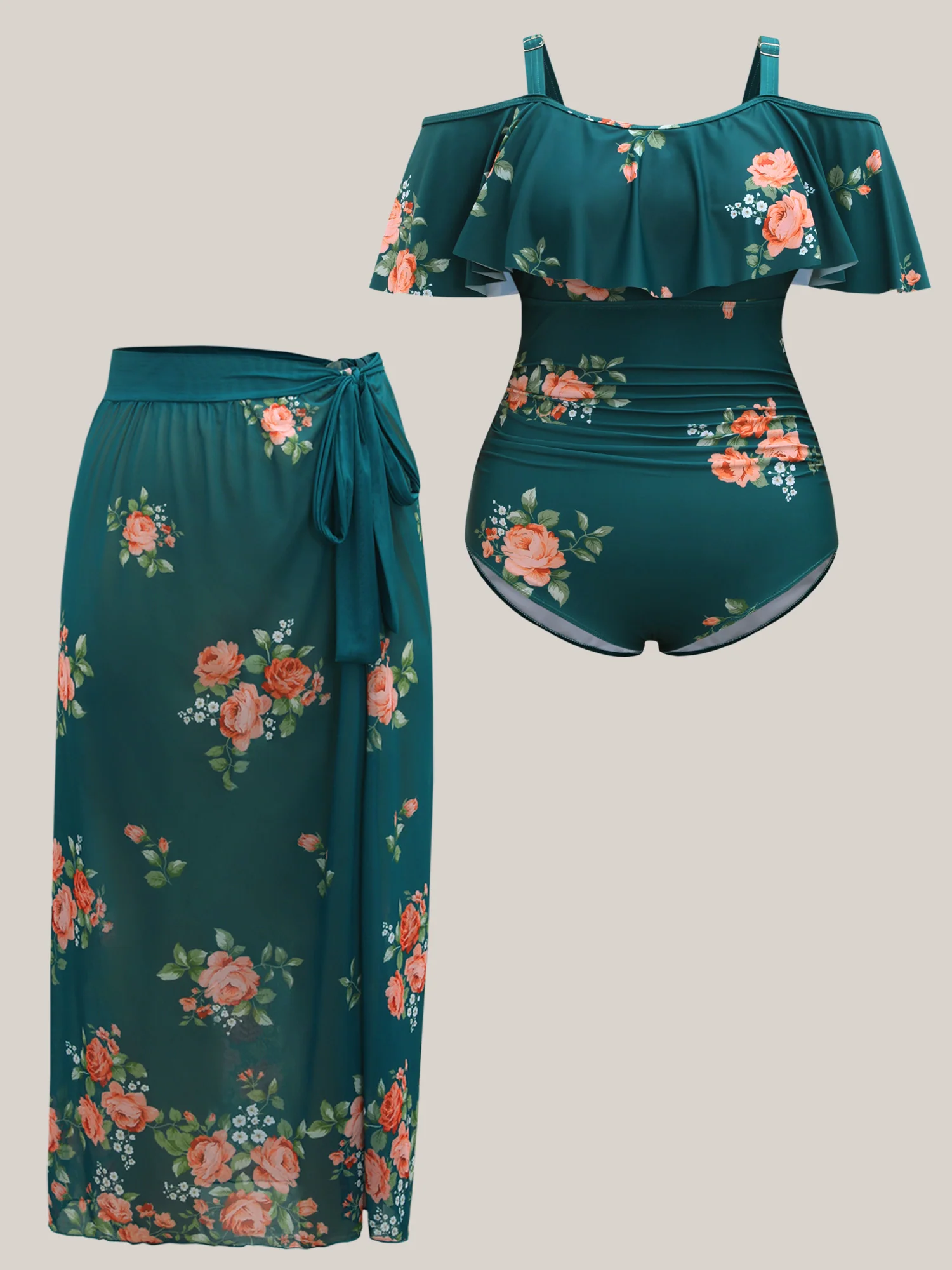 Two-Piece Floral Ruffled Knotted One-Piece, Sarong - Image 6