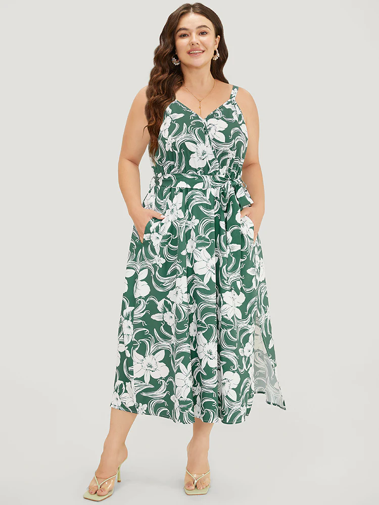 Floral Split Flutter Hem Wrap Pocket Belted Cami  Dress - Image 3