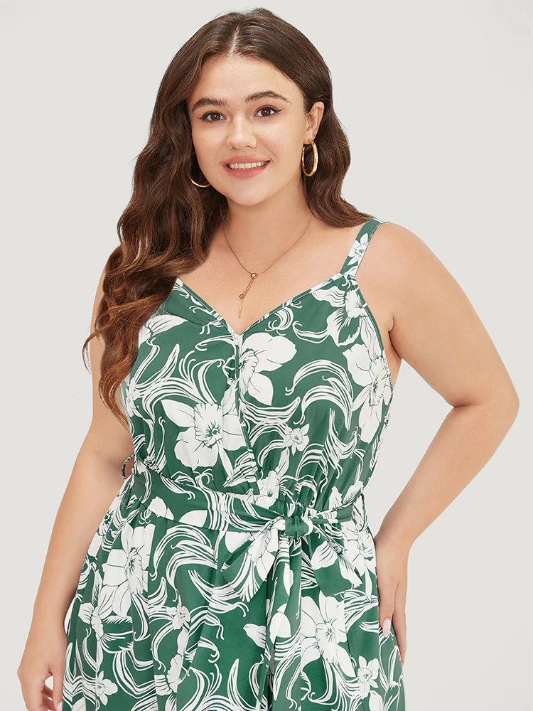Floral Split Flutter Hem Wrap Pocket Belted Cami  Dress - Image 6