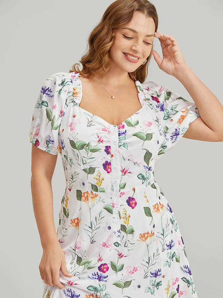 Floral Split Hem Button Detail Pocket Ruched Puff Sleeve Dress - Image 6