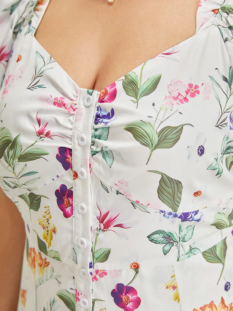 Floral Split Hem Button Detail Pocket Ruched Puff Sleeve Dress - Image 7