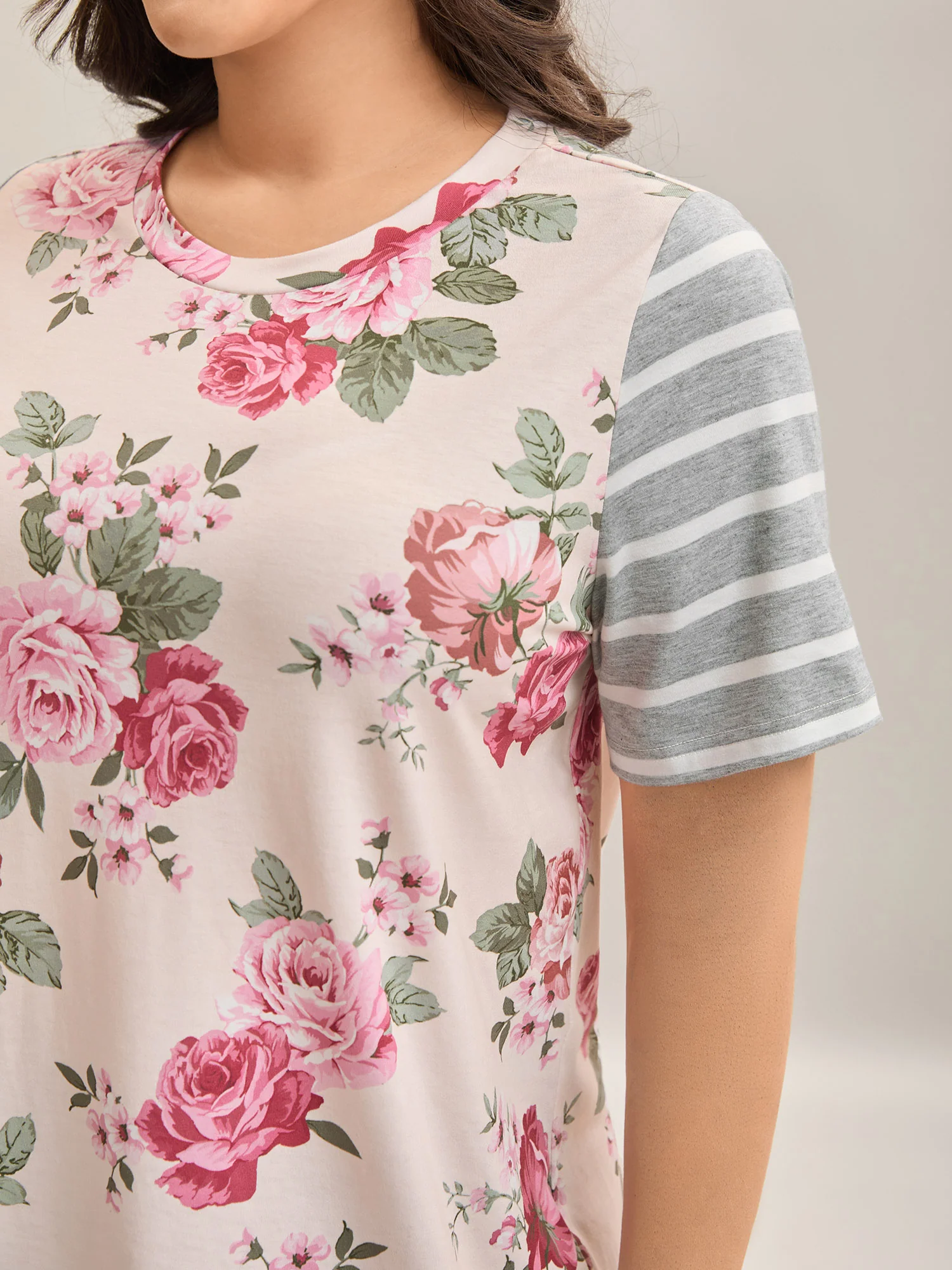 Floral Striped Stretchy Crew Neck T-Shirt - Image 2
