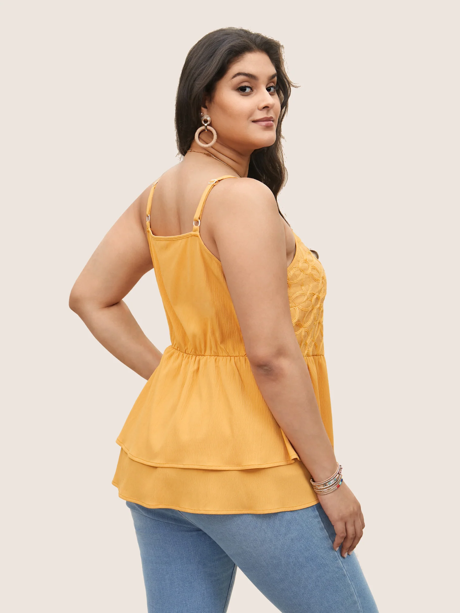 Floral Texture Ruffle Layered Hem Cami Top - Image 4