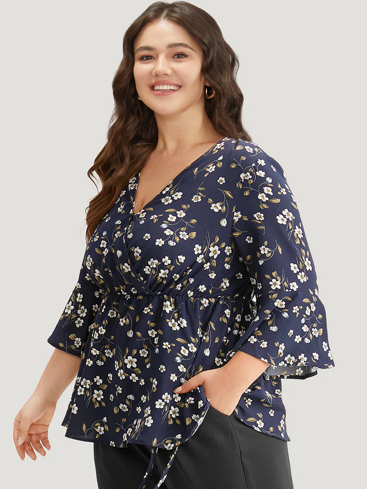 Floral Wrap Flutter Sleeve Woven Blouse - Image 4