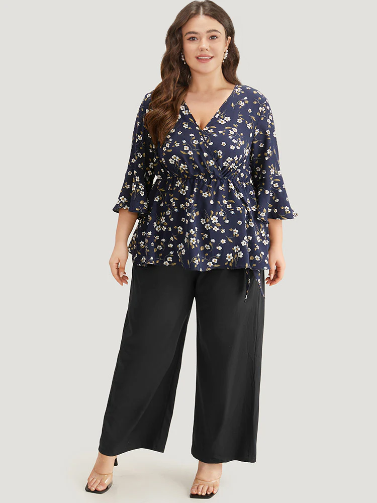 Floral Wrap Flutter Sleeve Woven Blouse - Image 5