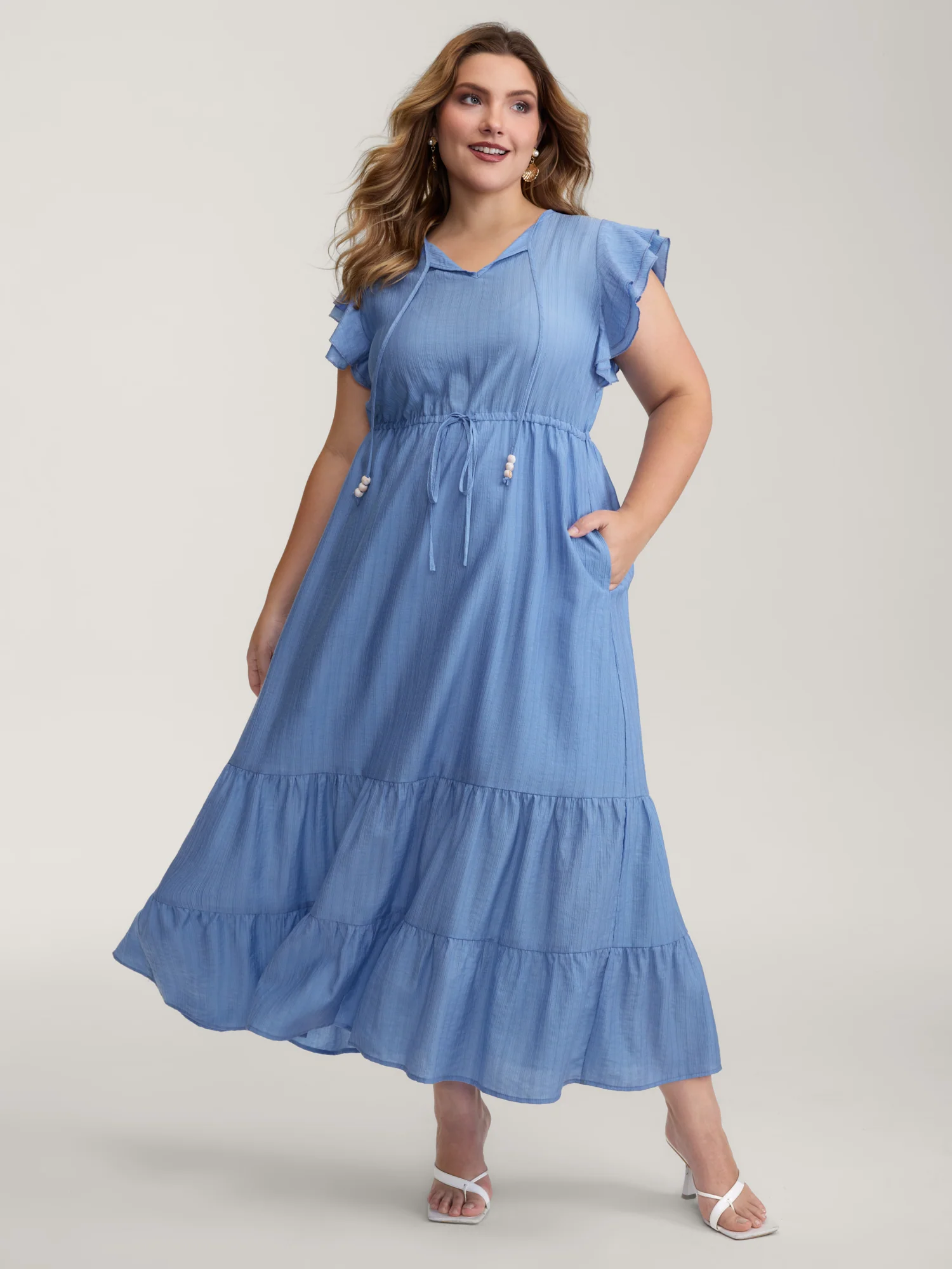 Flutter Sleeve Flowy Waist Drawstring Maxi Dress