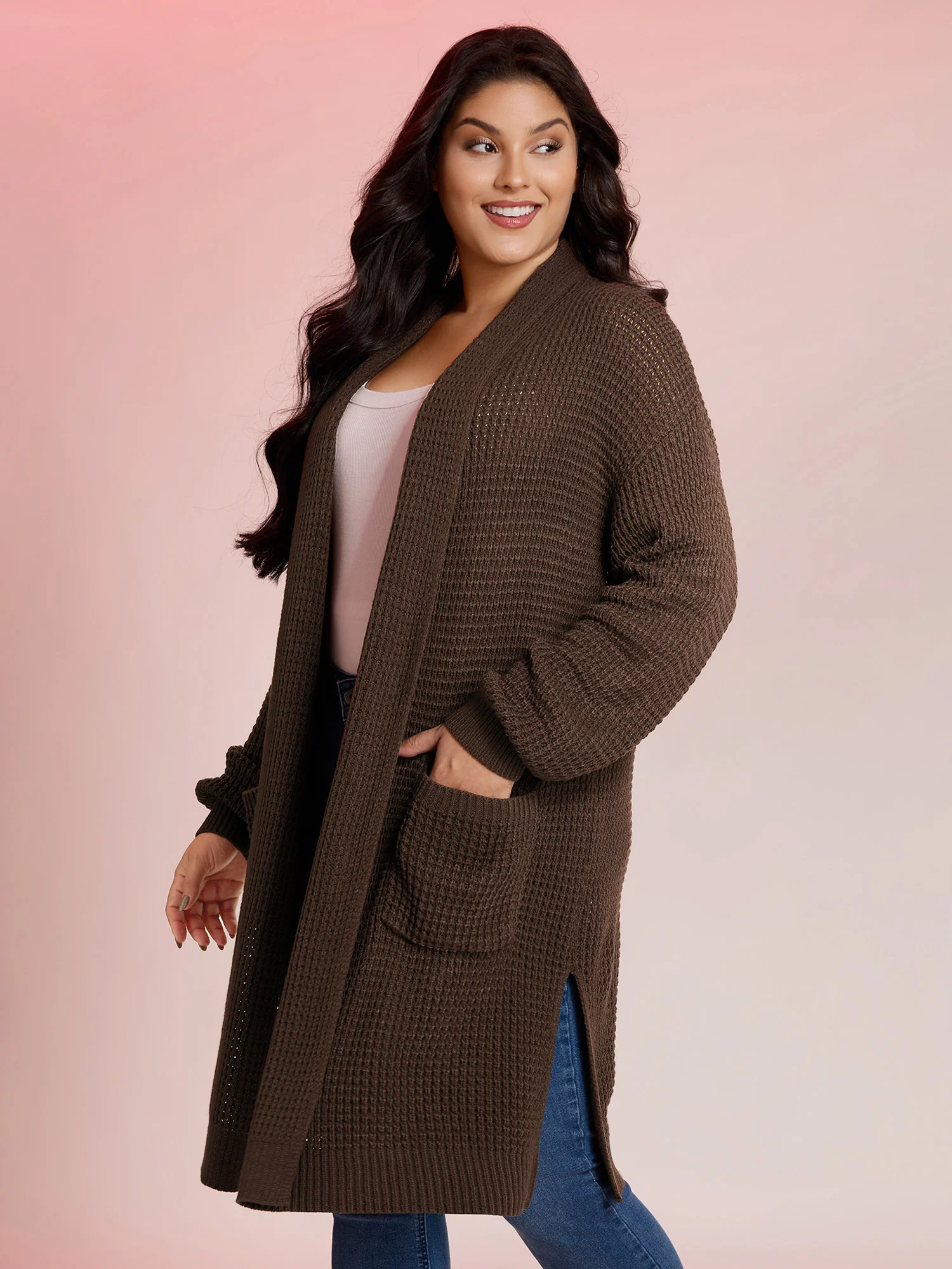 Folded Collar Pockets Slit Knit Cardigan