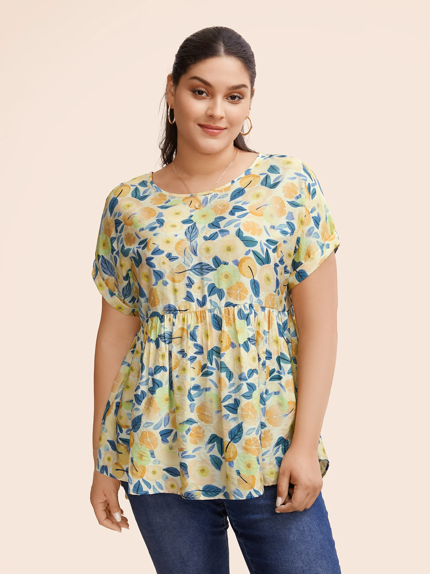 Fruit Print Curved Hem Batwing Sleeve Blouse - Image 9