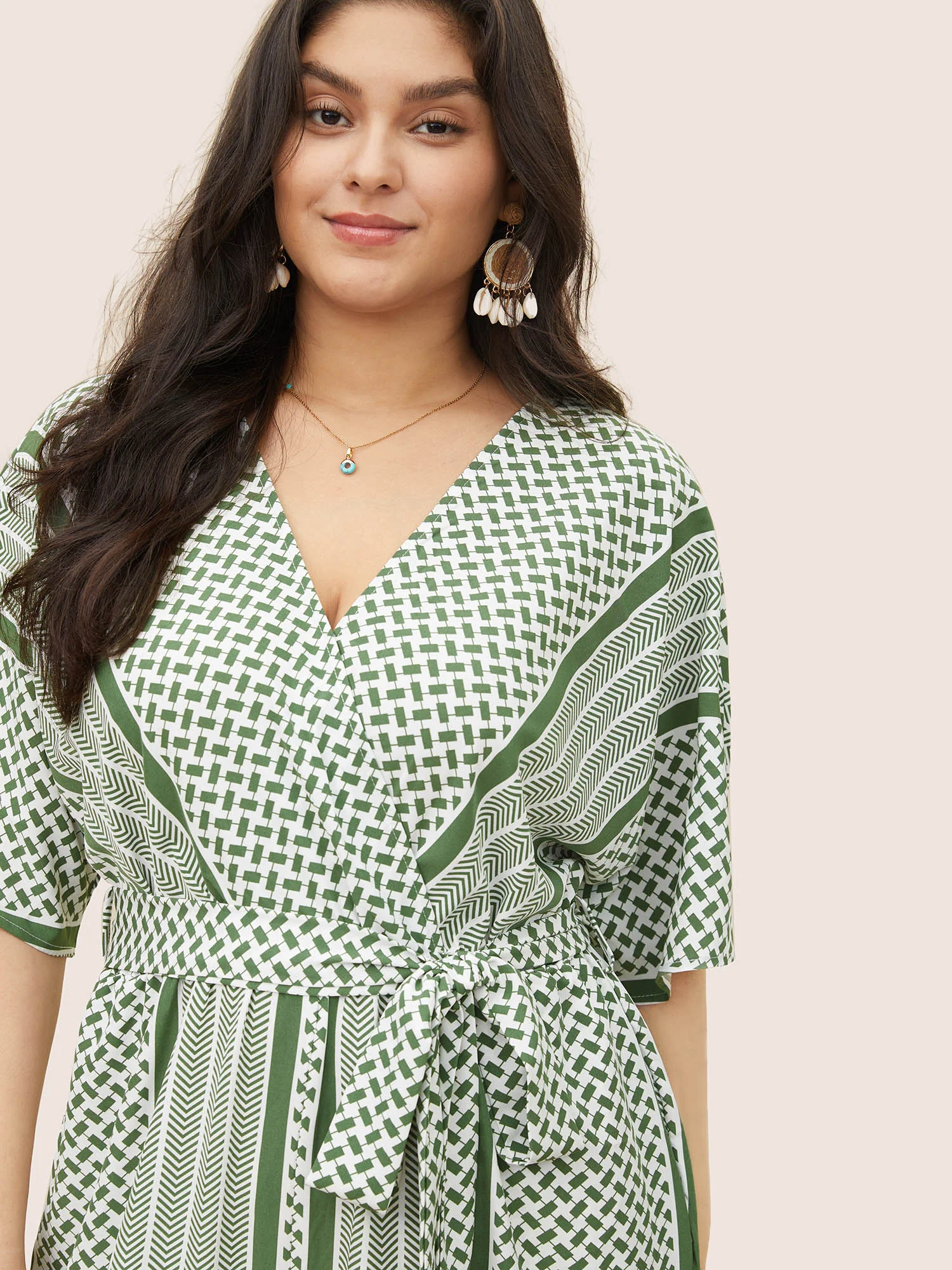Geometric Contrast Dolman Sleeve Pocket Belted Wrap Jumpsuit - Image 11