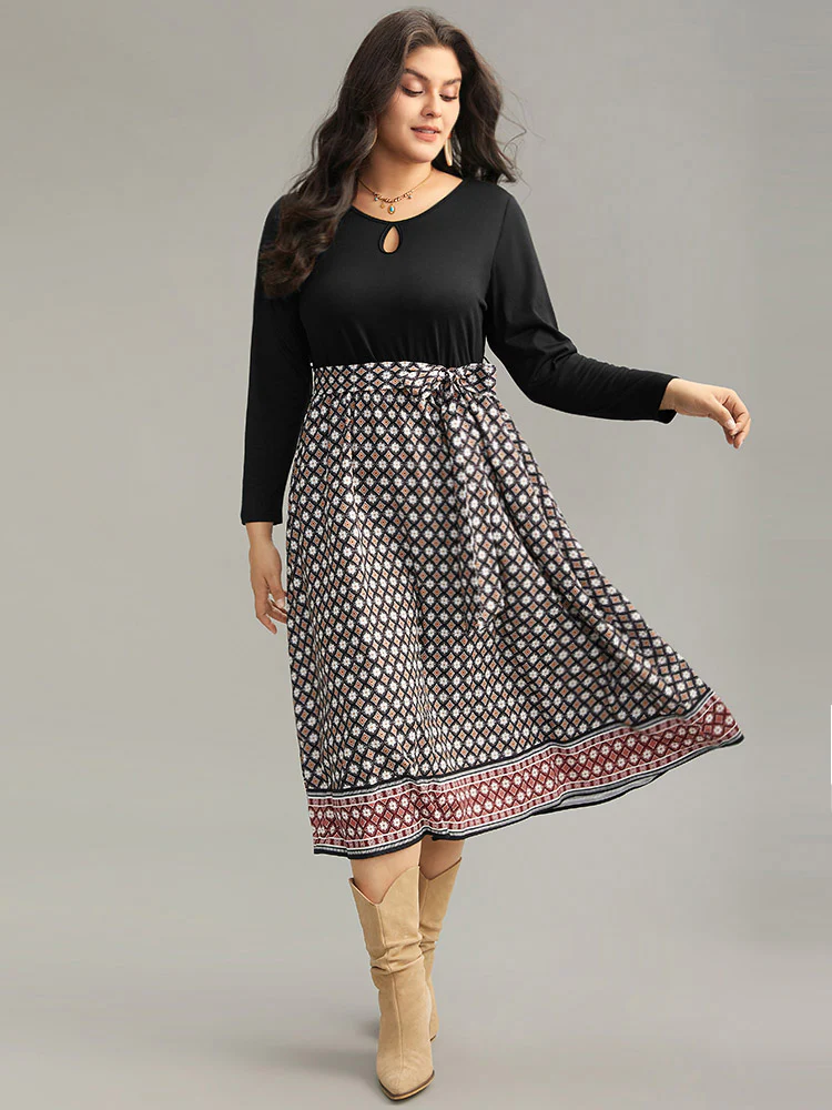 Geometric Patchwork Cut Out Belted Dress