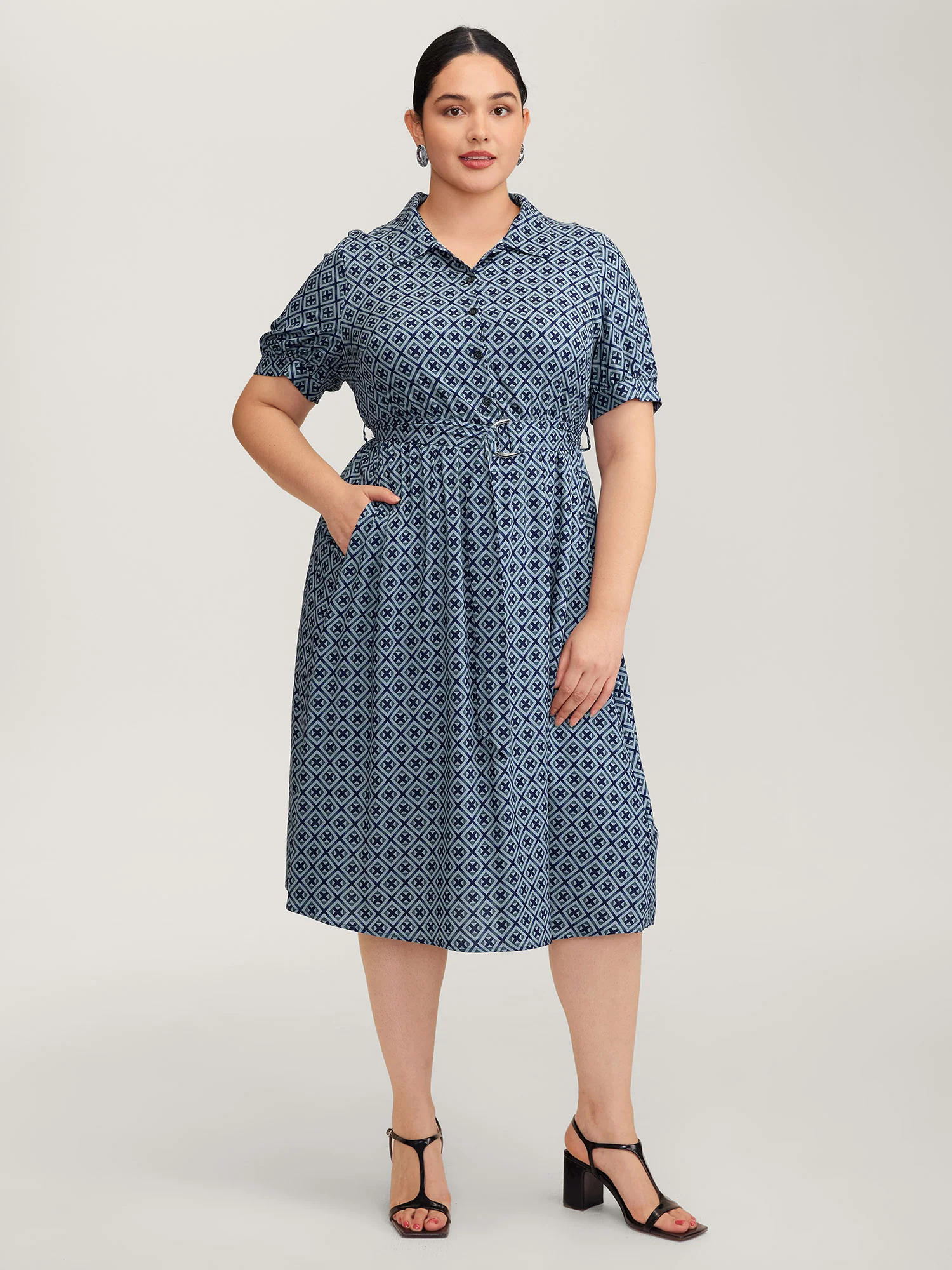 Geometric Print Belted Waist Maxi Dress - Image 3