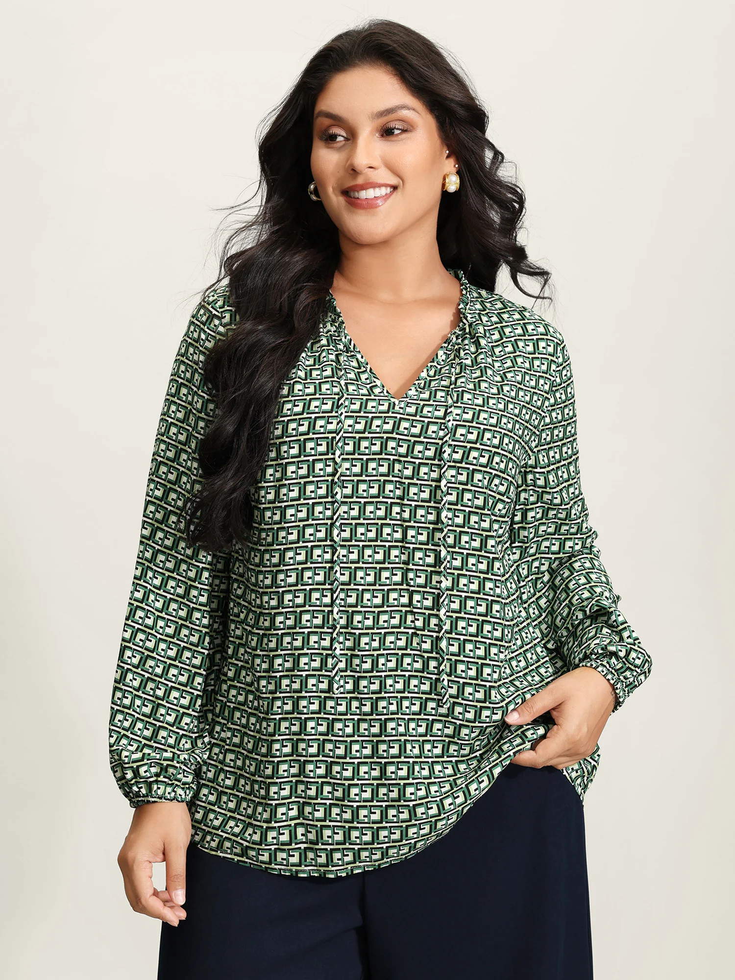 Geometric Print Neck-Tie Relaxed-Fit Blouse