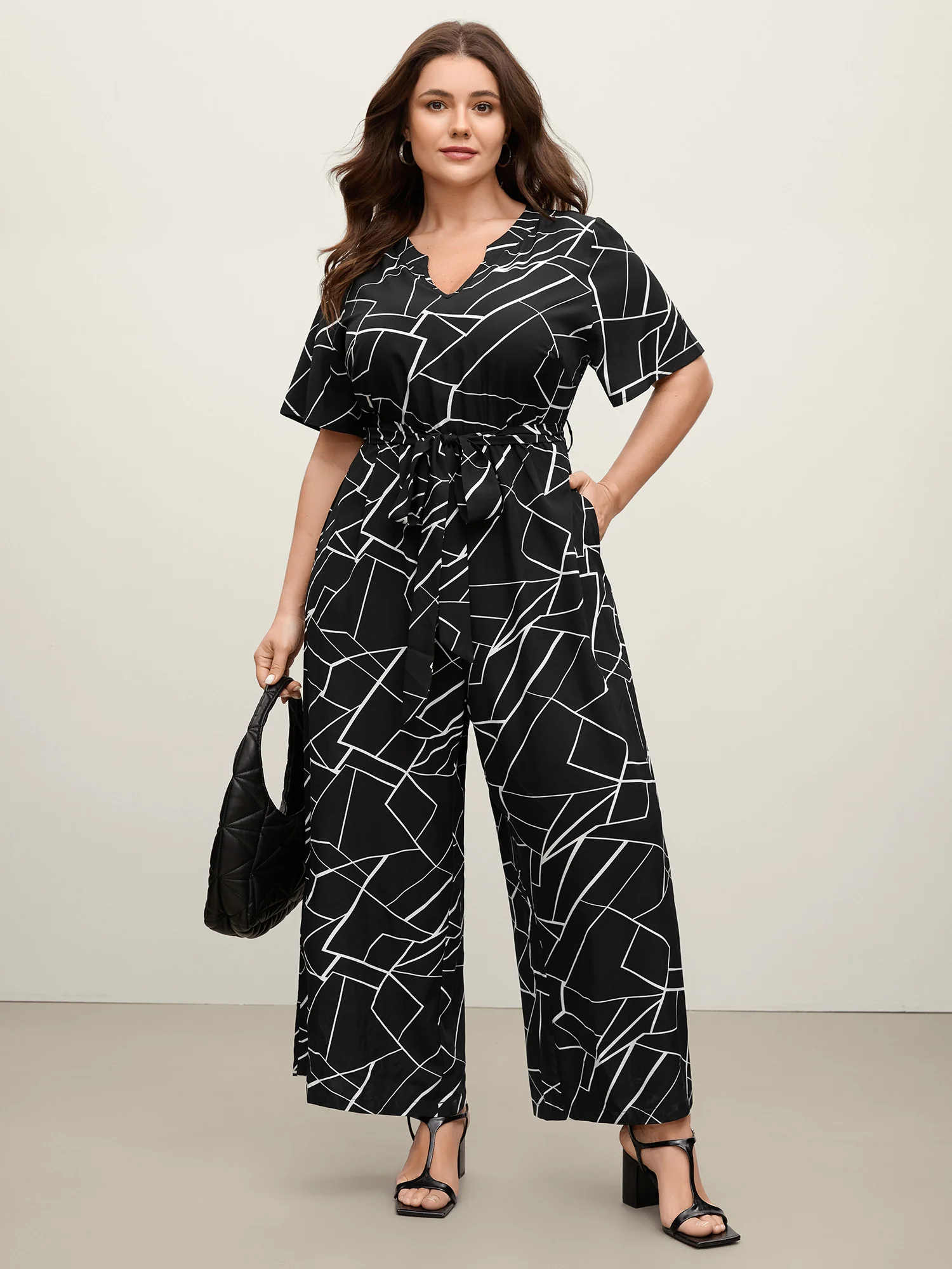 Geometric Print Waist-Defining Belted Jumpsuit