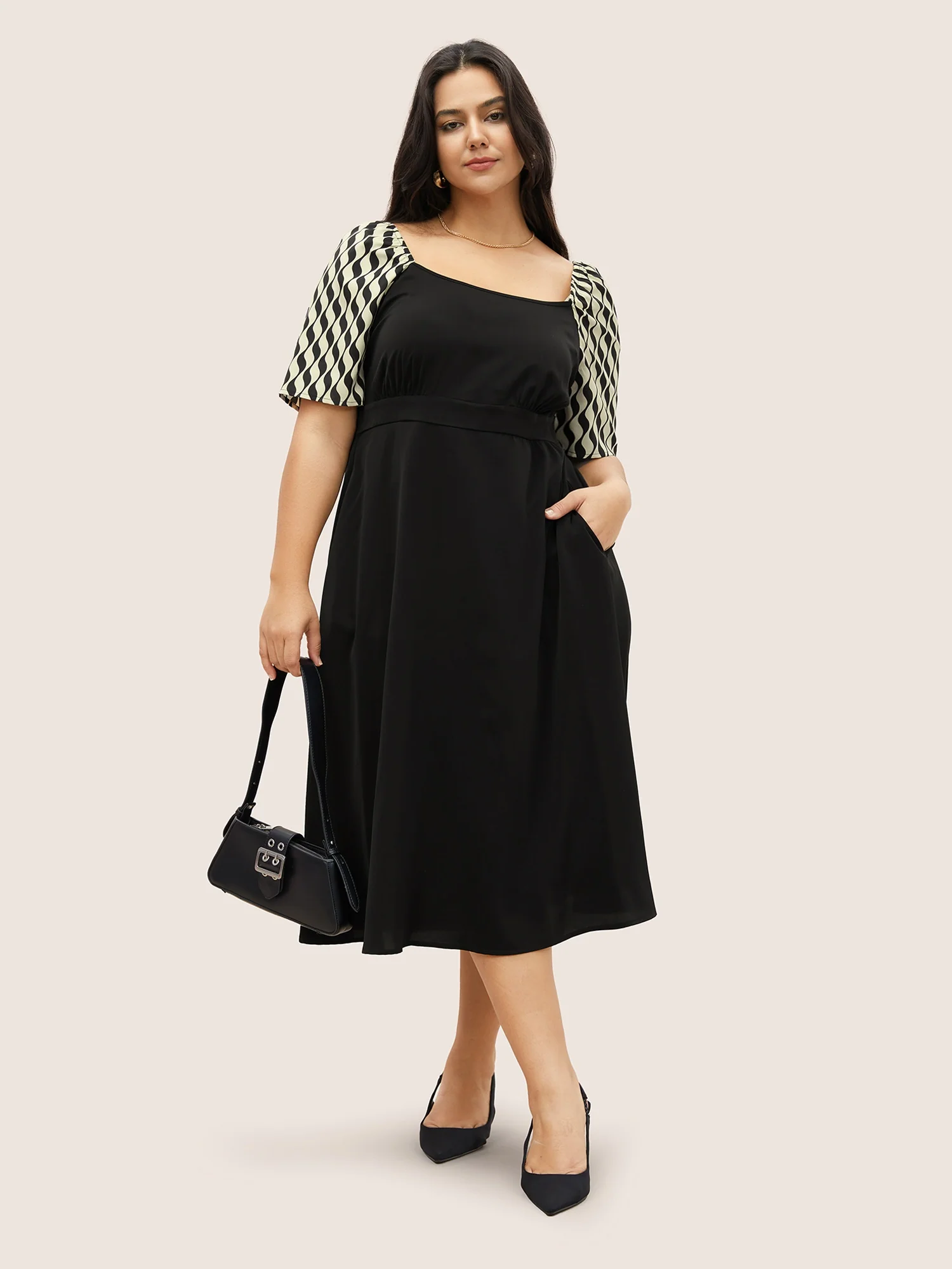 Geometric Square Neck Raglan Sleeve Elastic Waist Dress