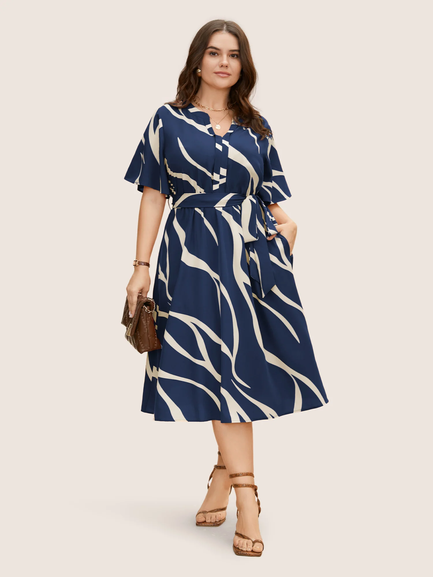 Geometric Surplice Neck Tie Knot Midi Dress - Image 9