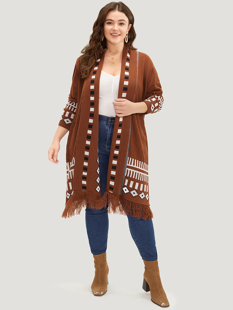 Geometric Tassel Trim Open Front Cardigan - Image 5