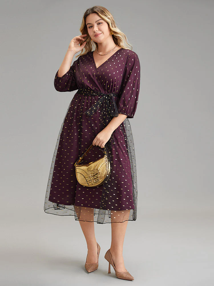 Geometric Tiered Mesh Belted Wrap Dress - Image 2
