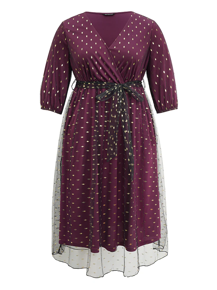 Geometric Tiered Mesh Belted Wrap Dress - Image 6