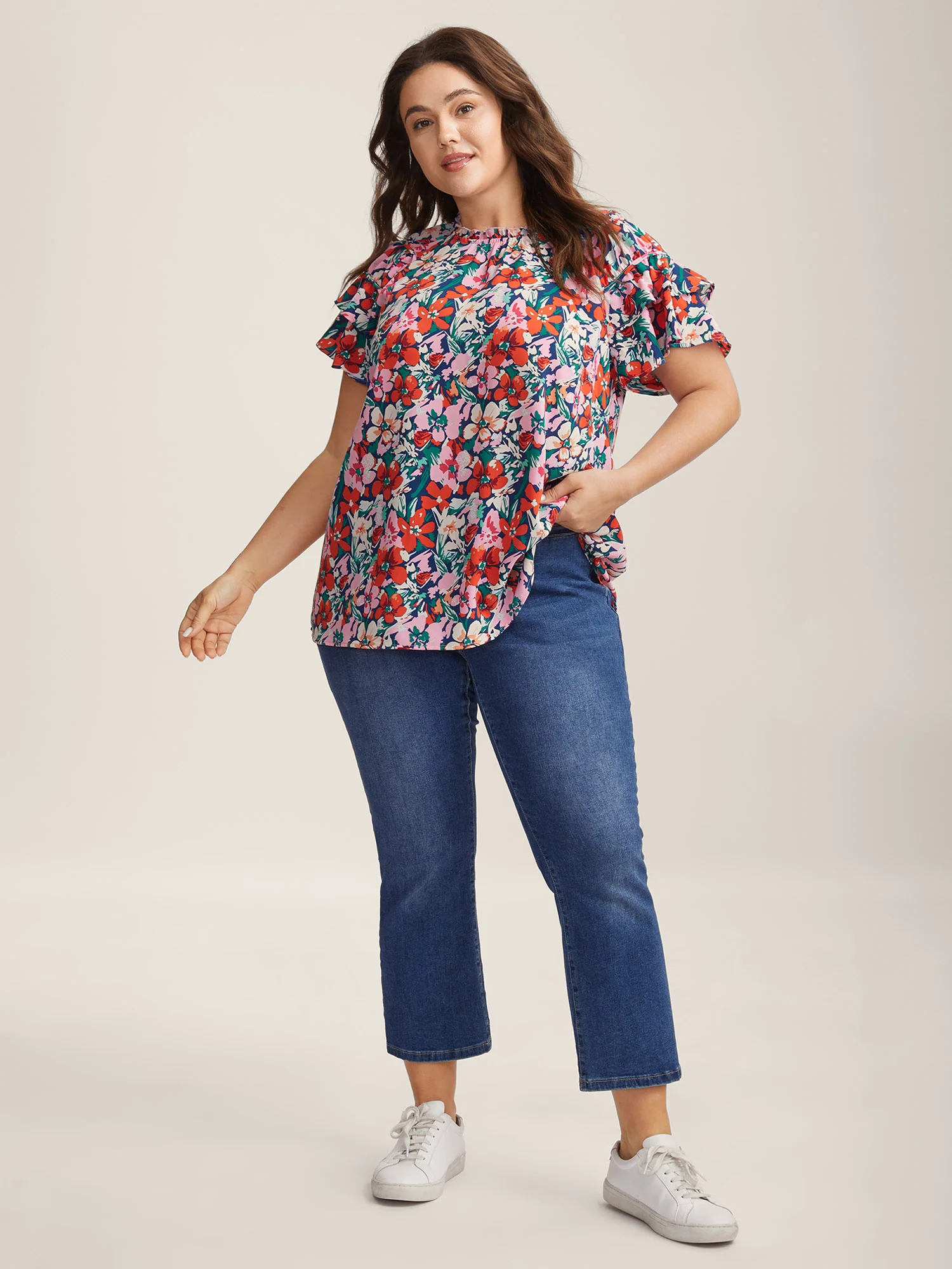 Groovy Floral Print Ruffled Layered Sleeve Blouse - Image 4