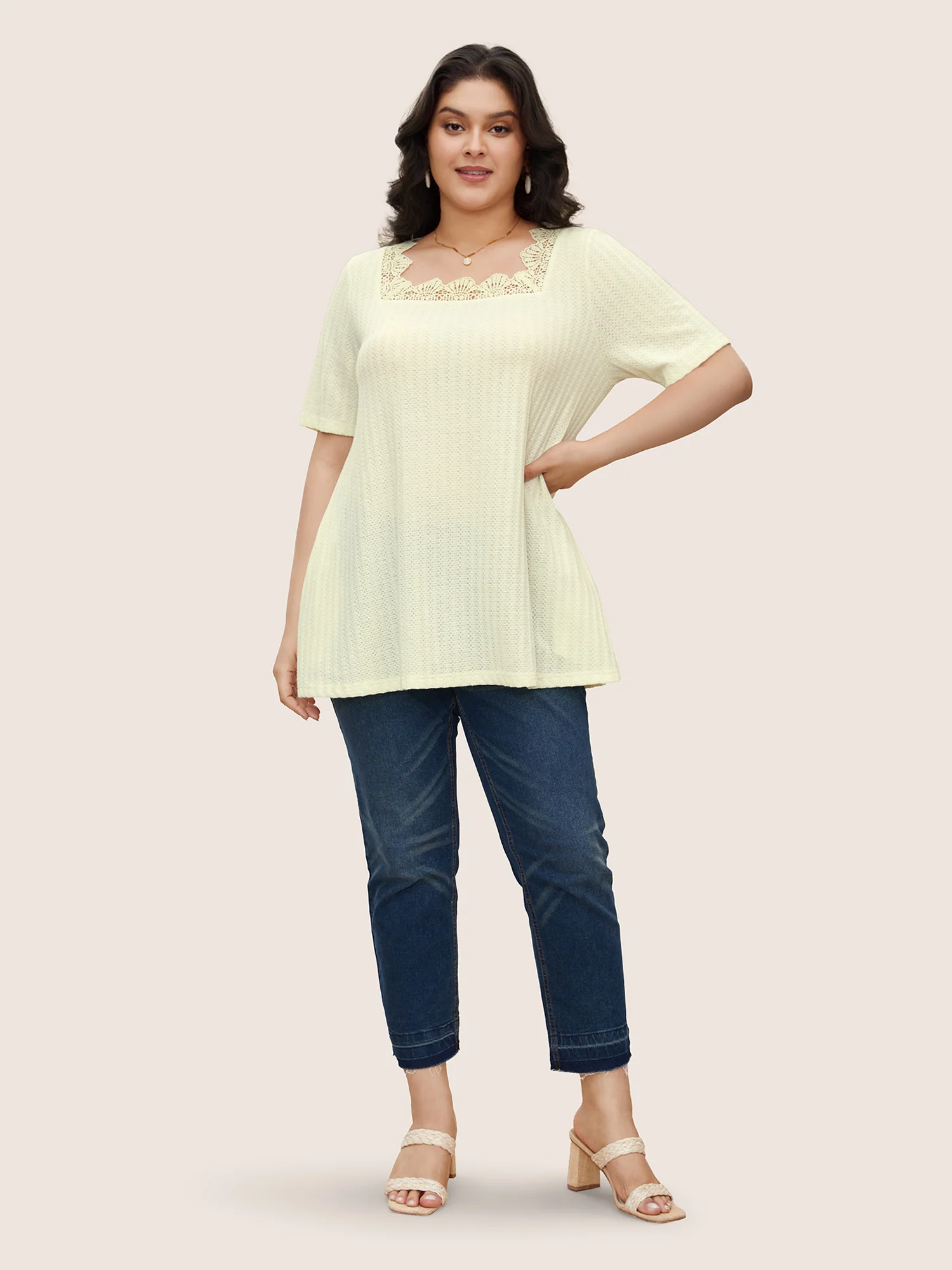 Guipure Lace Textured Square Neck T-shirt - Image 3
