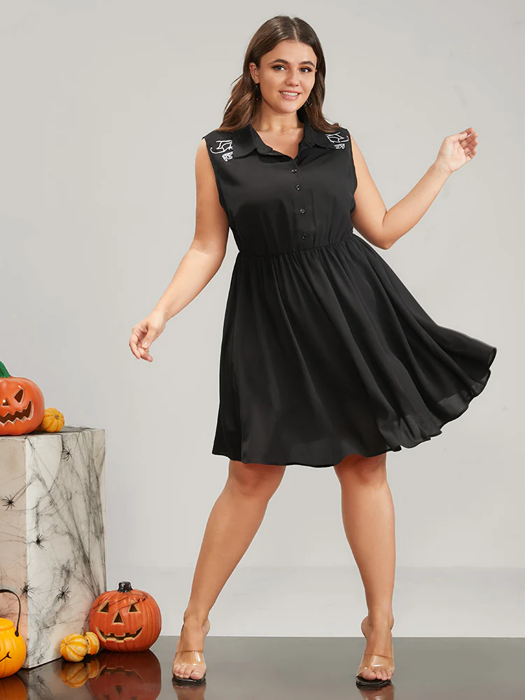 Halloween Button Sleeveless Shirt Collar Knee Dress