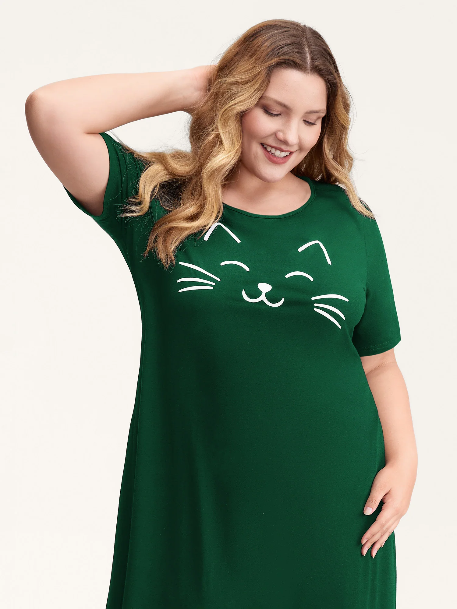Happy Cat Print Stretchy Contrast Sleep Dress - Image 24