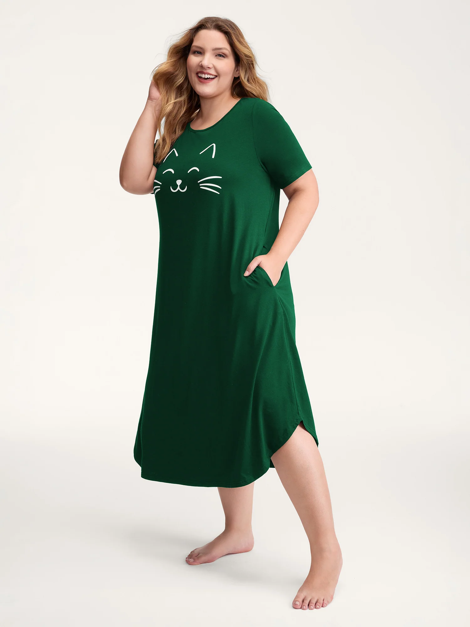Happy Cat Print Stretchy Contrast Sleep Dress - Image 25
