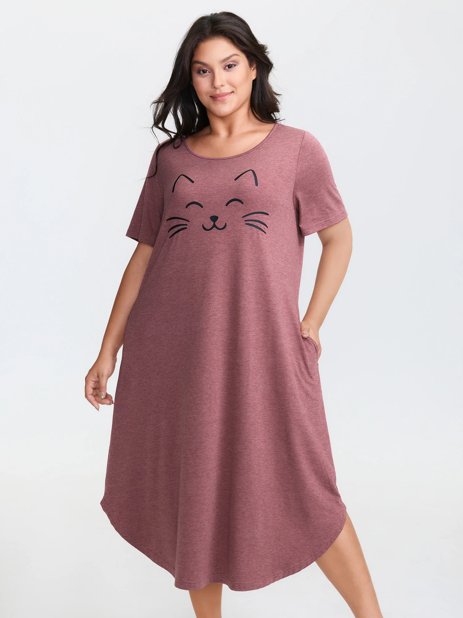 Happy Cat Print Stretchy Contrast Sleep Dress - Image 7