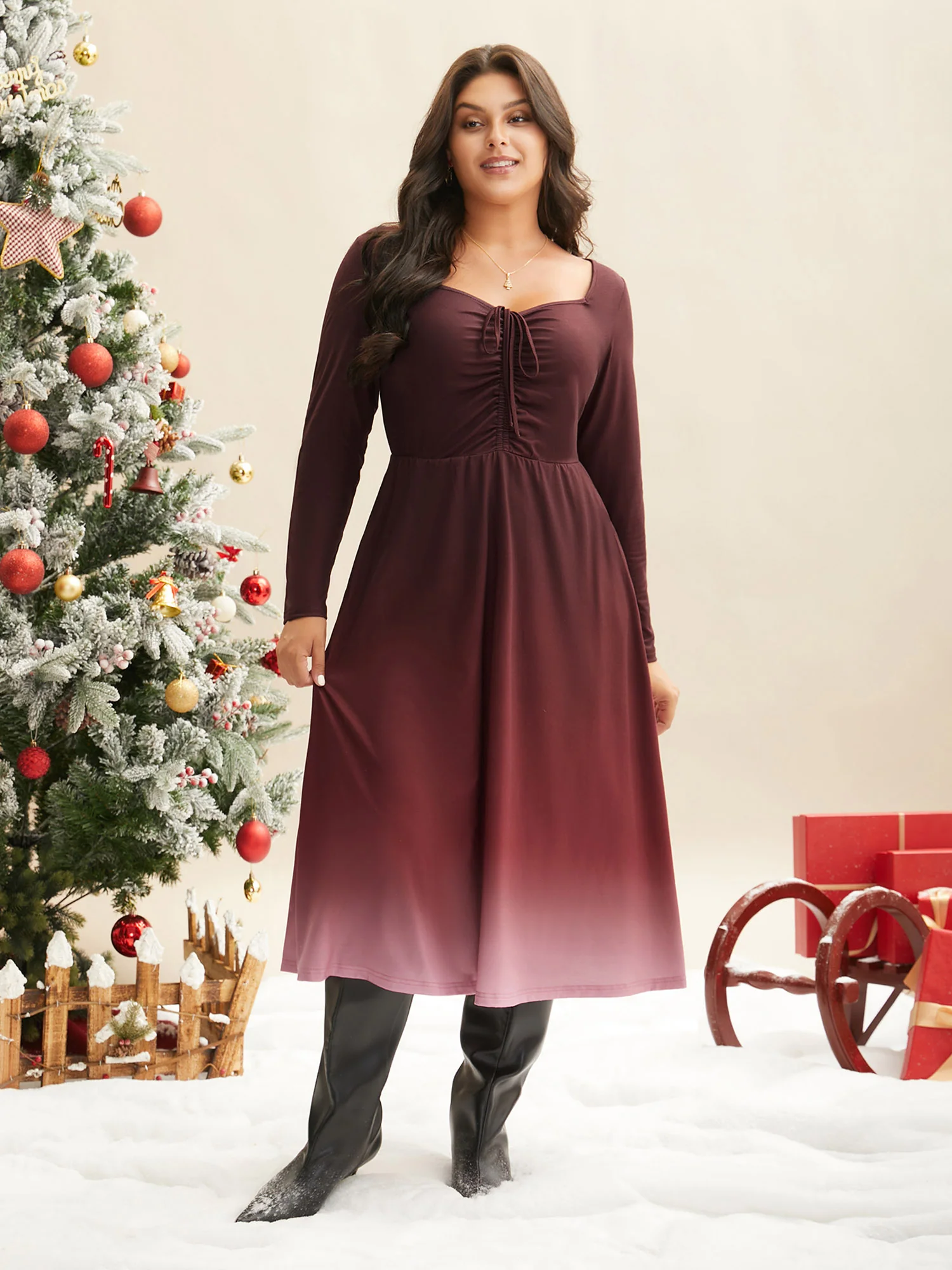 Heart Neckline Drawstring Gradient Midi Dress