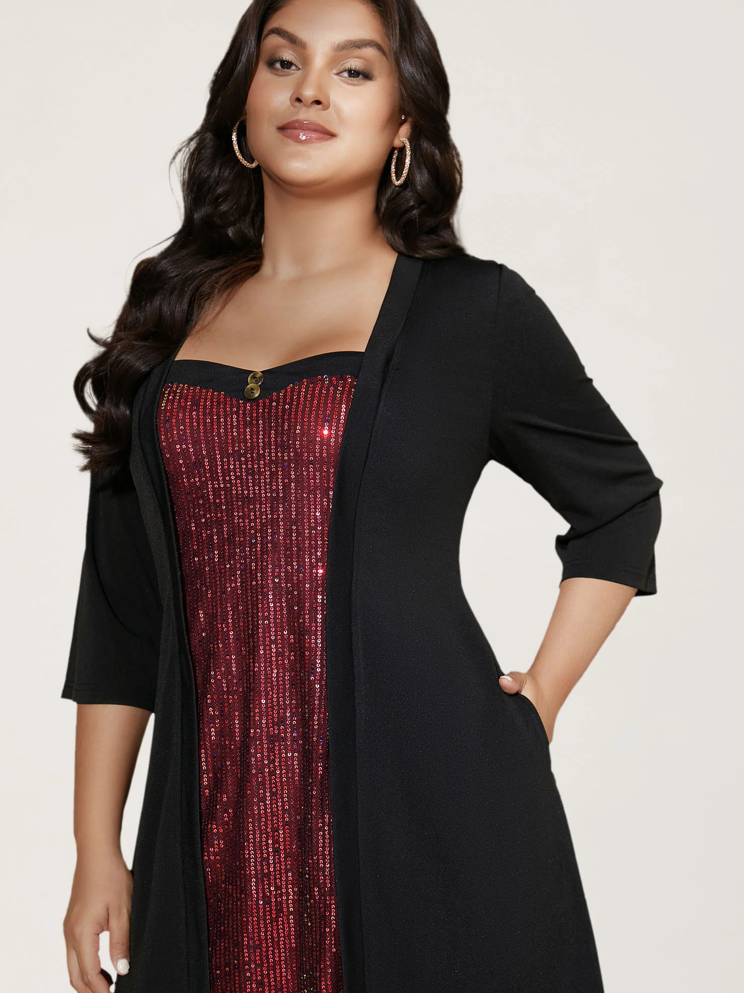 Heart Neckline Patchwork Sequin Button Detail Dress - Image 27