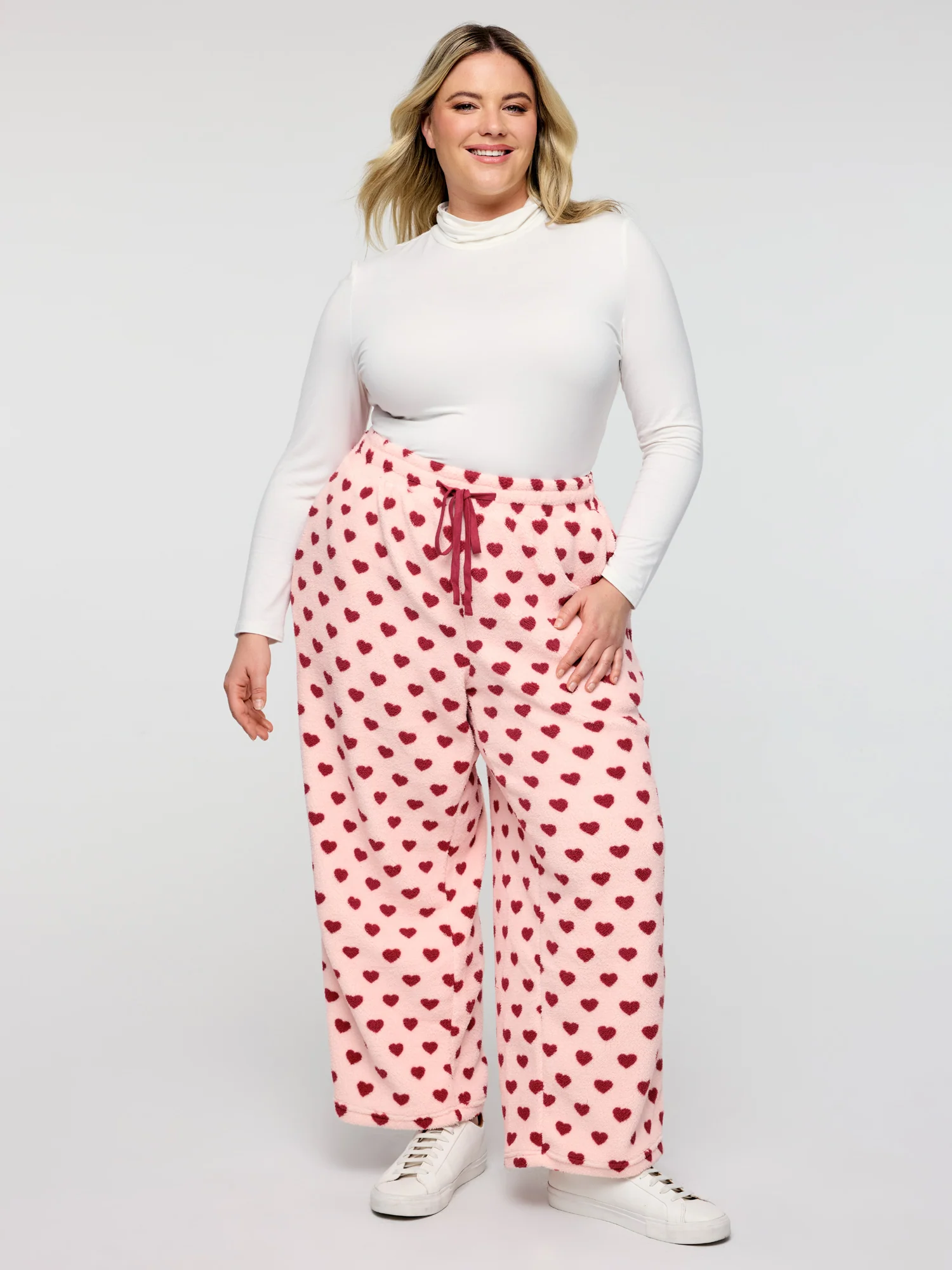 Heart Print Fluffy Drawstring Waist Sleep Bottoms - Image 2