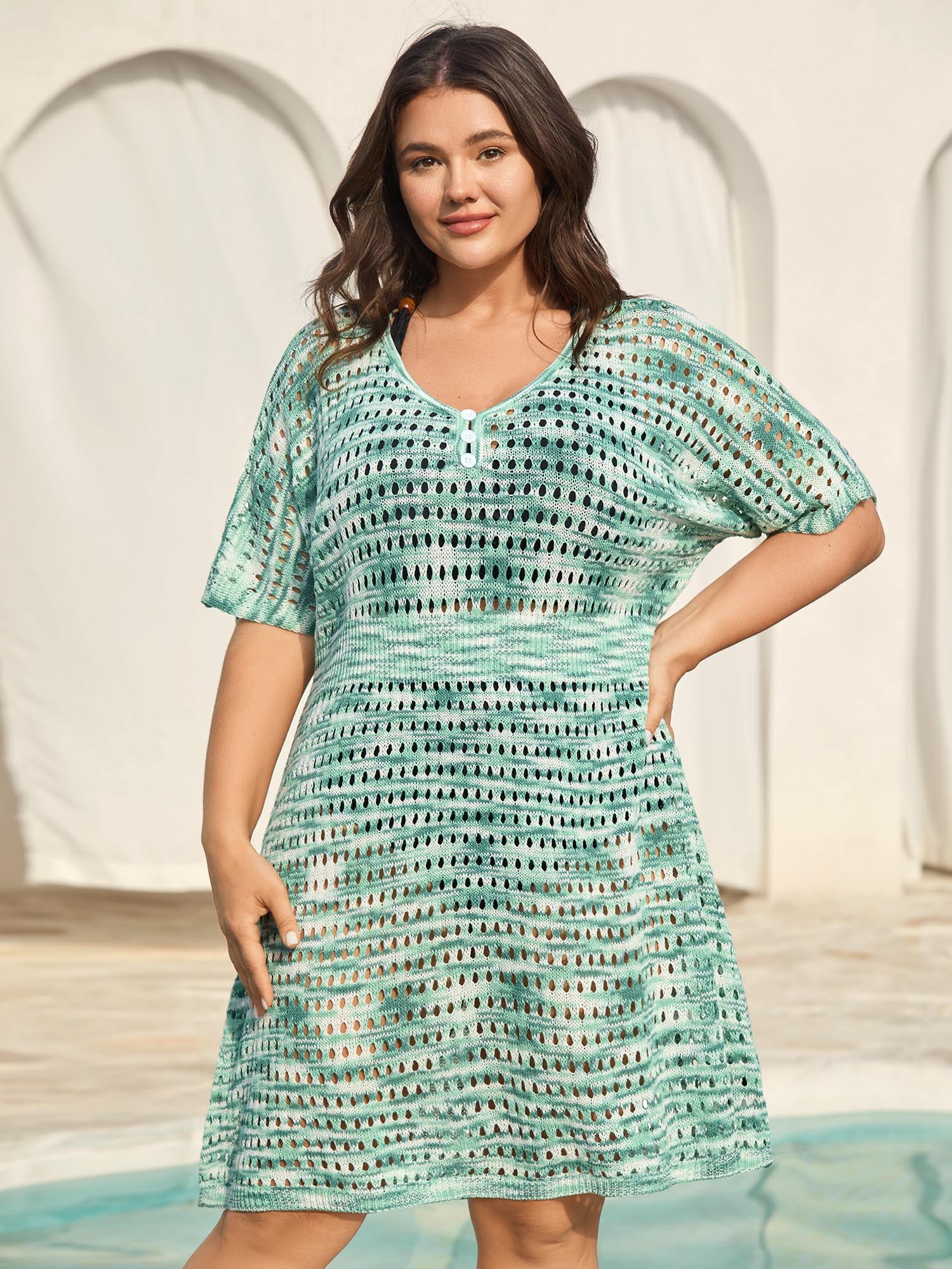 Heather Button Detail Cut-Out Swim Cover-Up