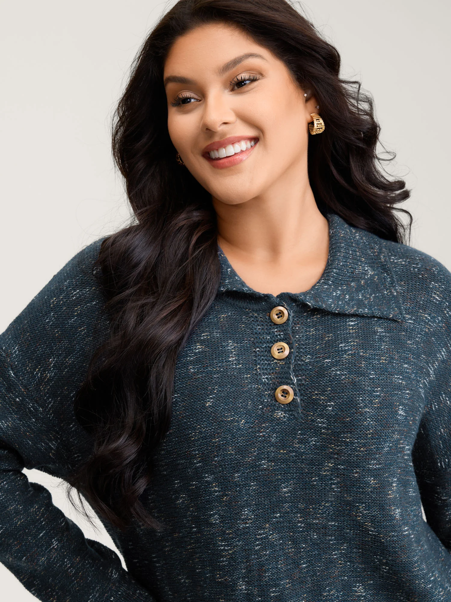 Heather Polo Collar Button Pullover