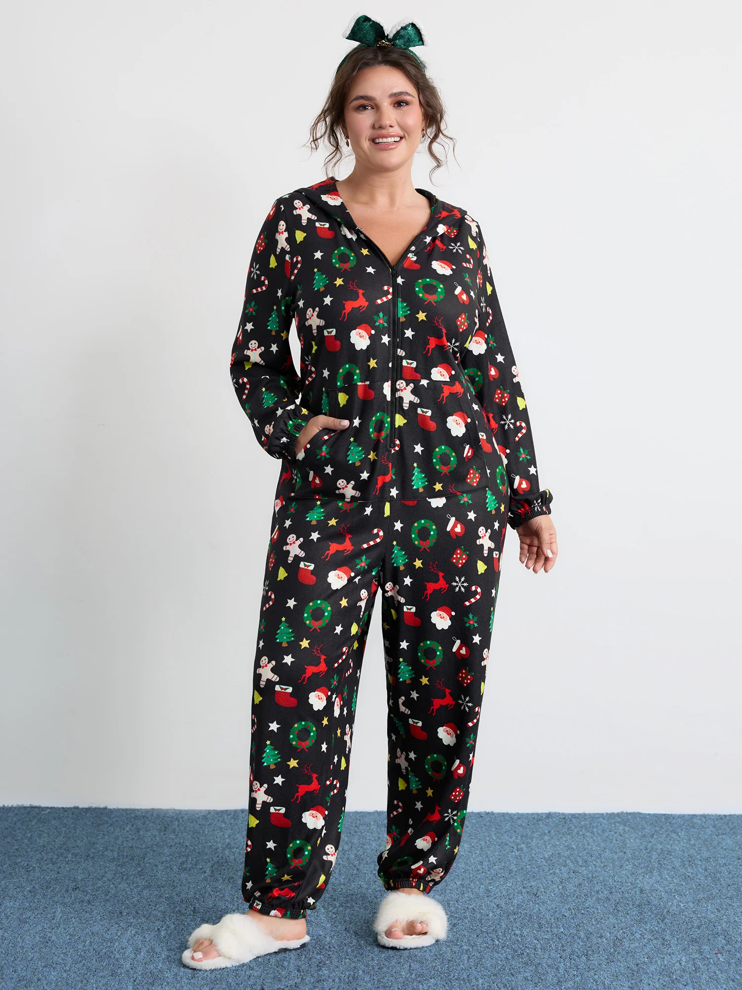 Holiday Spirit Pockets Hooded Sleep Jumpsuit - Image 3
