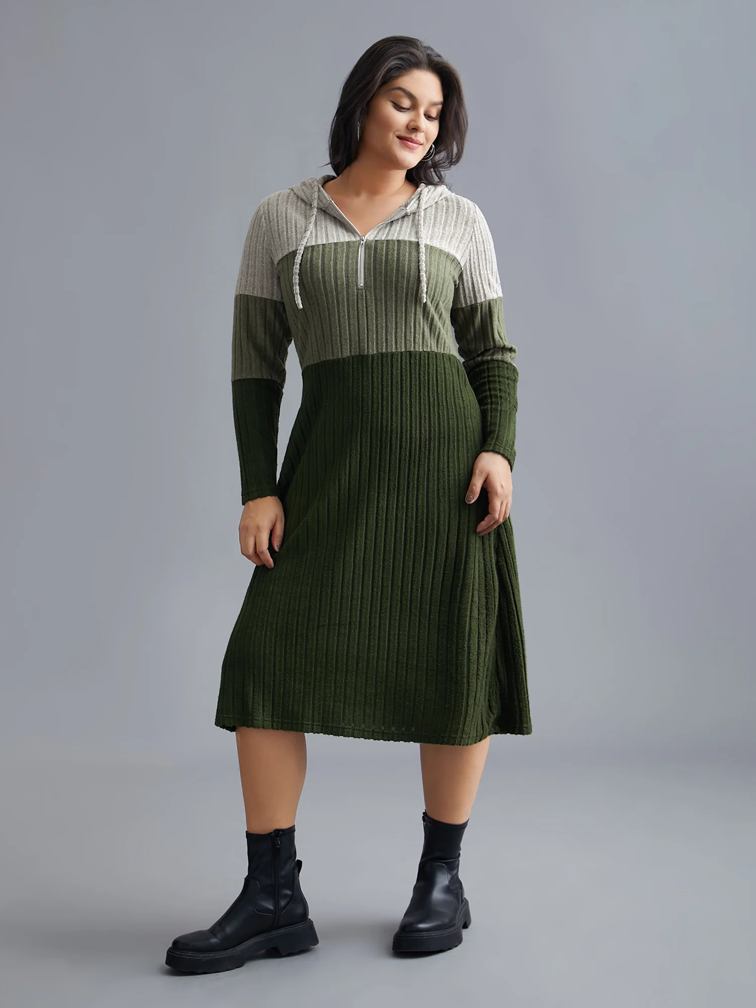 Hooded Half Zip Pit Strip Knit Dress - Image 2