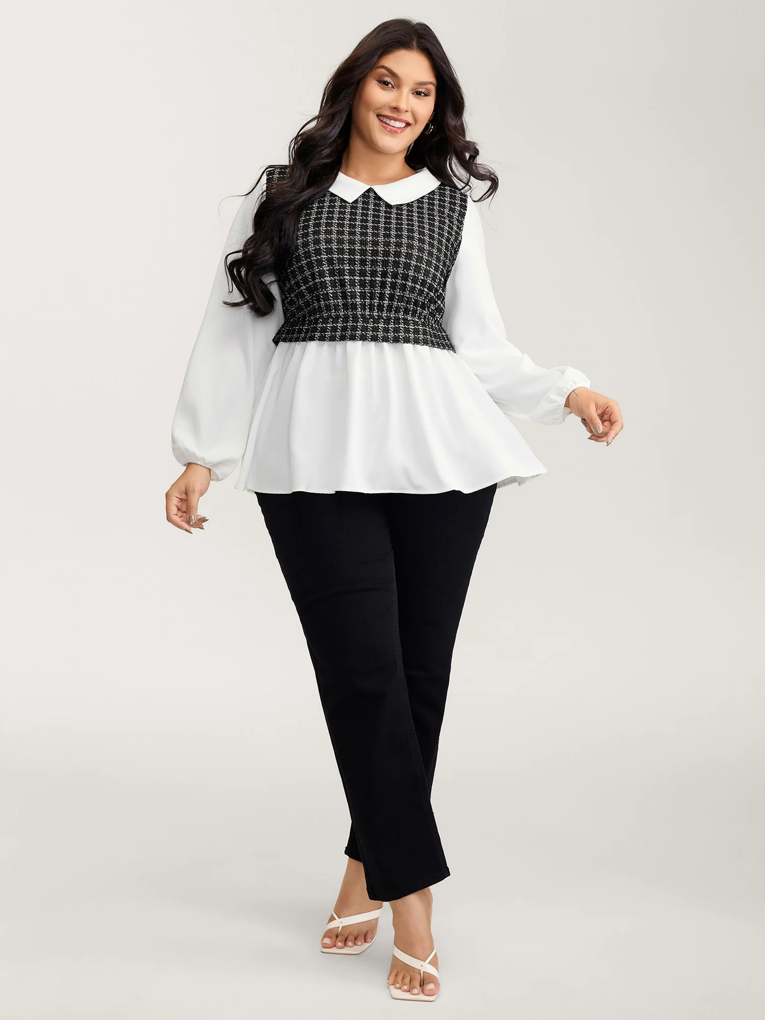 Houndstooth Pattern Color Contrast Blouse - Image 3