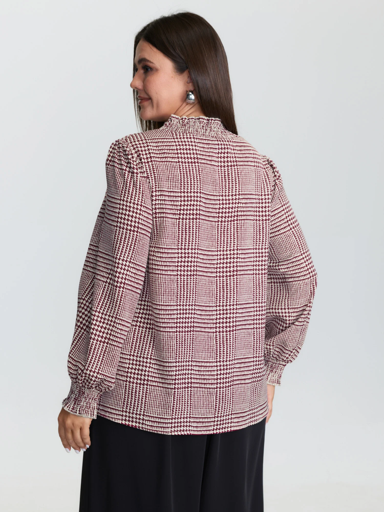 Houndstooth Pattern Ruffled Collar Blouse - Image 12