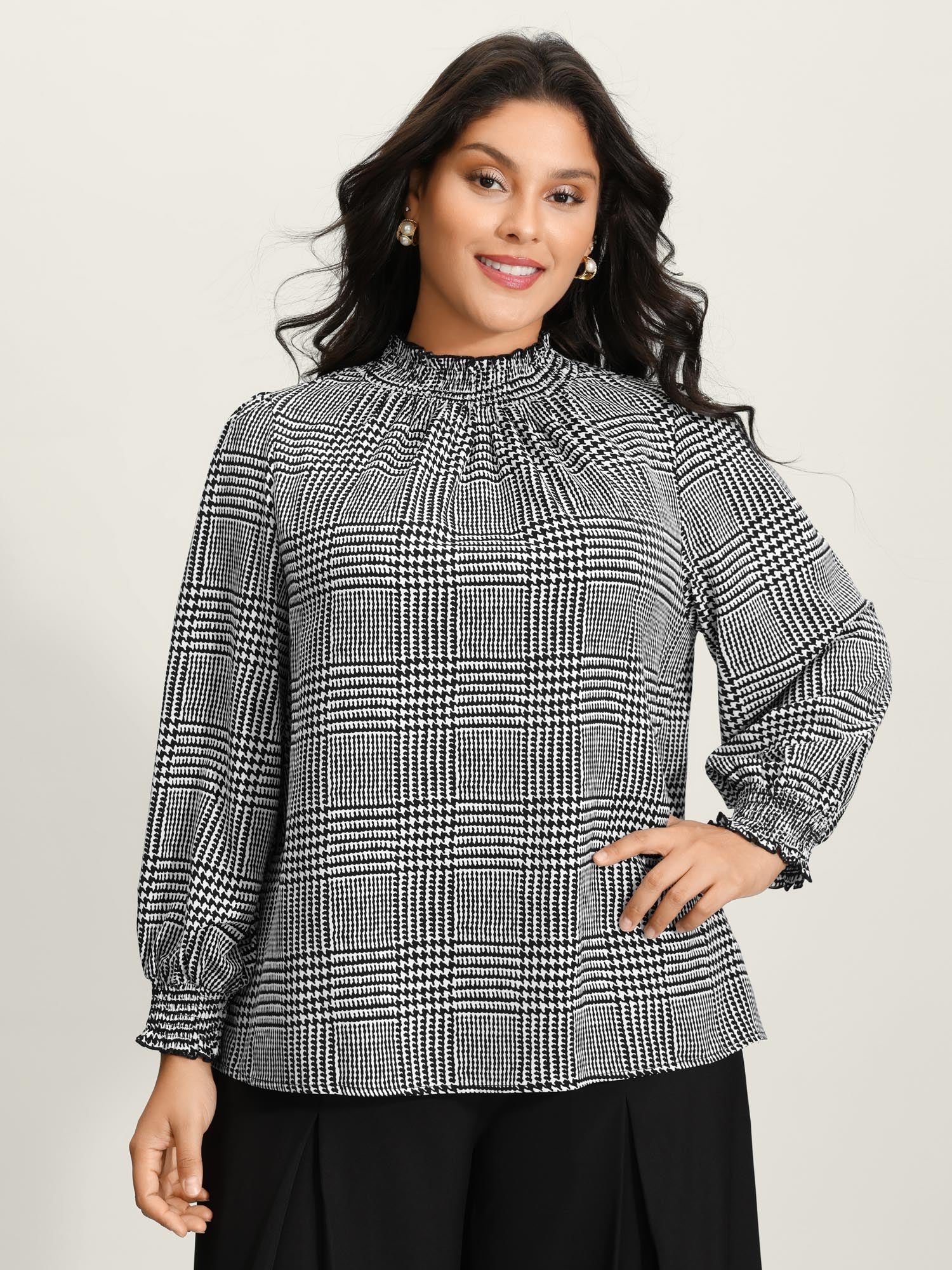 Houndstooth Pattern Ruffled Collar Blouse - Image 2