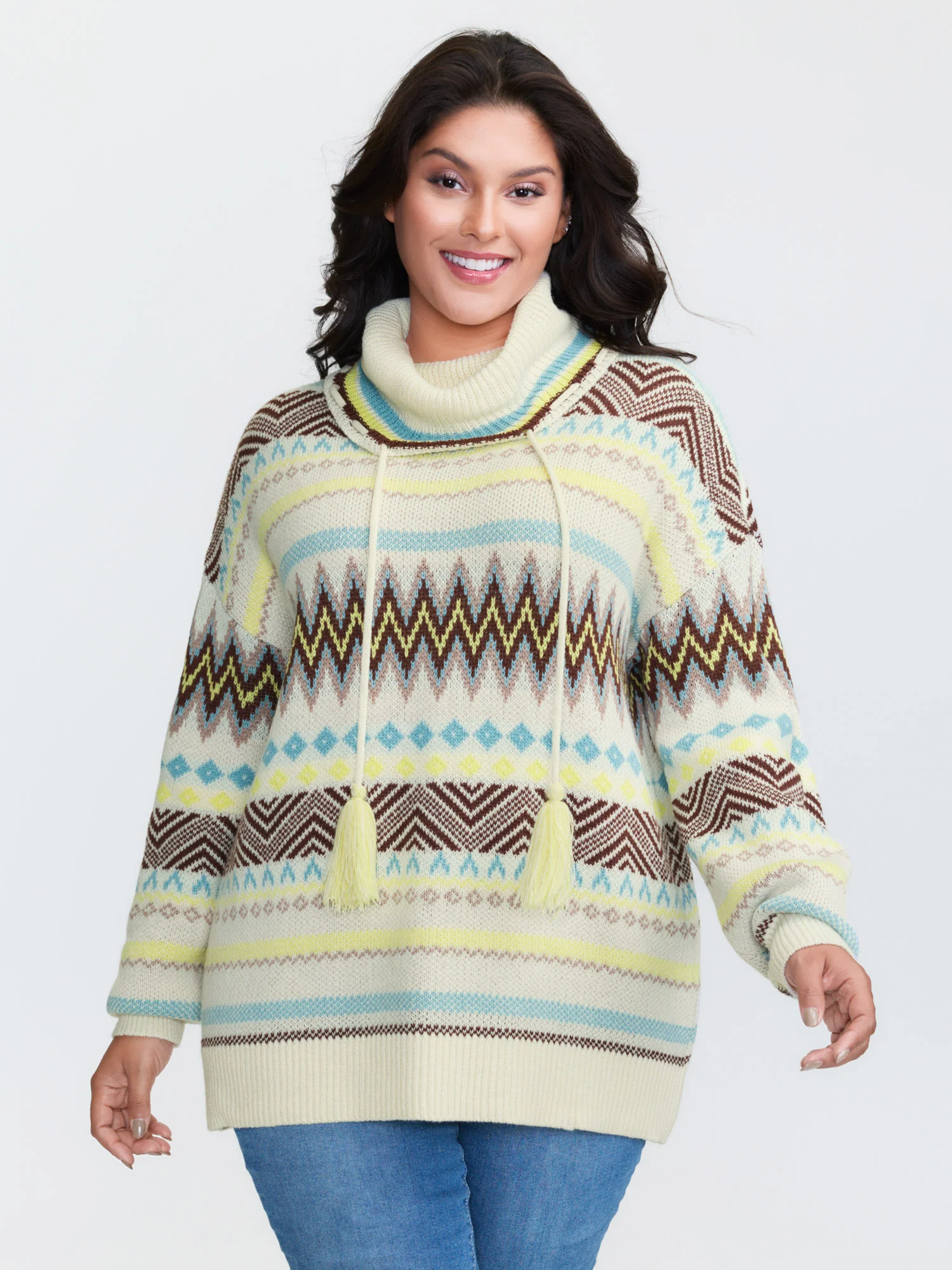 Jacquard Boho Print Turtleneck Pullover