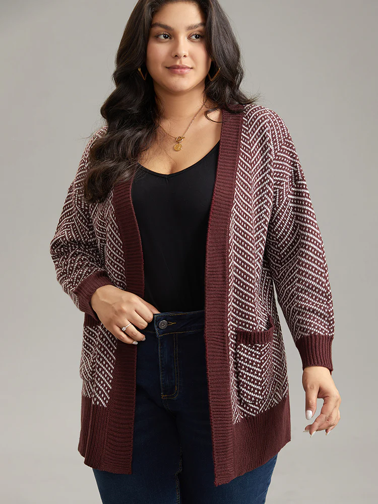 Jacquard Open Front Pocket Loose Cardigan