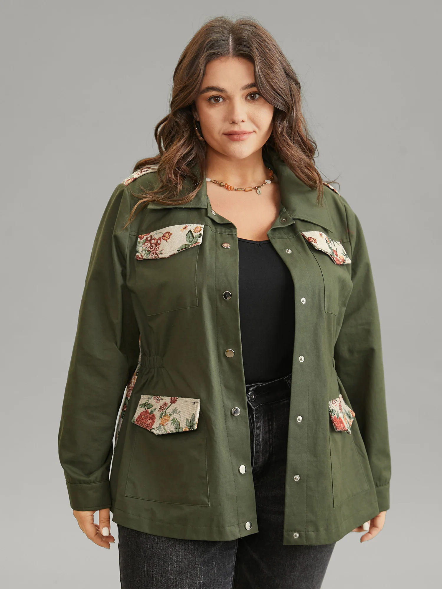 Jacquard Patchwork Elastic Waist Flap Pocket Jacket